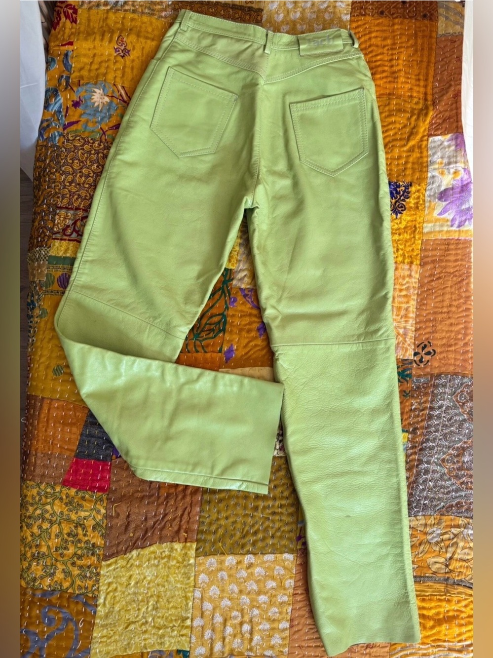 $395 TACH clothing Genuine Leather lime Green Pants size Small